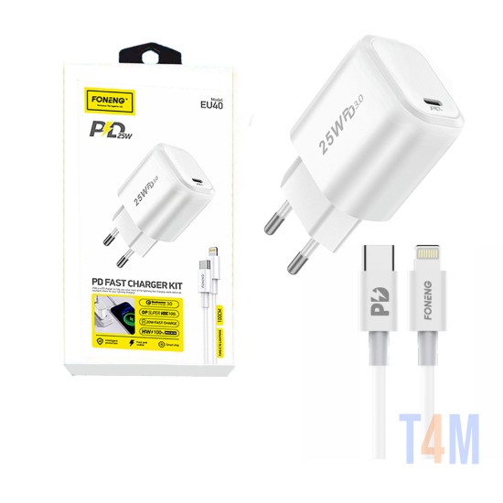 Adaptador Carregador Rápido Foneng EU40 com Cabo Tipo C a Relâmpago PD 25W Branco